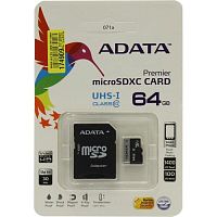 Флеш карта microSDHC 64Gb Class10 A-Data AUSDX64GUICL10-RA1 + adapter