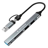 Картридер Type-C/USB (OTG) Gembird FD2-MSD-3, 5в1: USB3.1, 2xUSB2.0, SD/TF, кабель 10см, алюминий