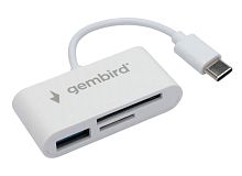 Картридер Type-C Gembird FD2-MSD-2, 3в1: SD, TF (MicroSD), USB2.0, кабель 10см, белый