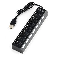 Разветвитель USB2.0 Gembird UHB-U2P7-01, 7хUSB, с доп. питанием, подсветка и выключатели, кабель USB